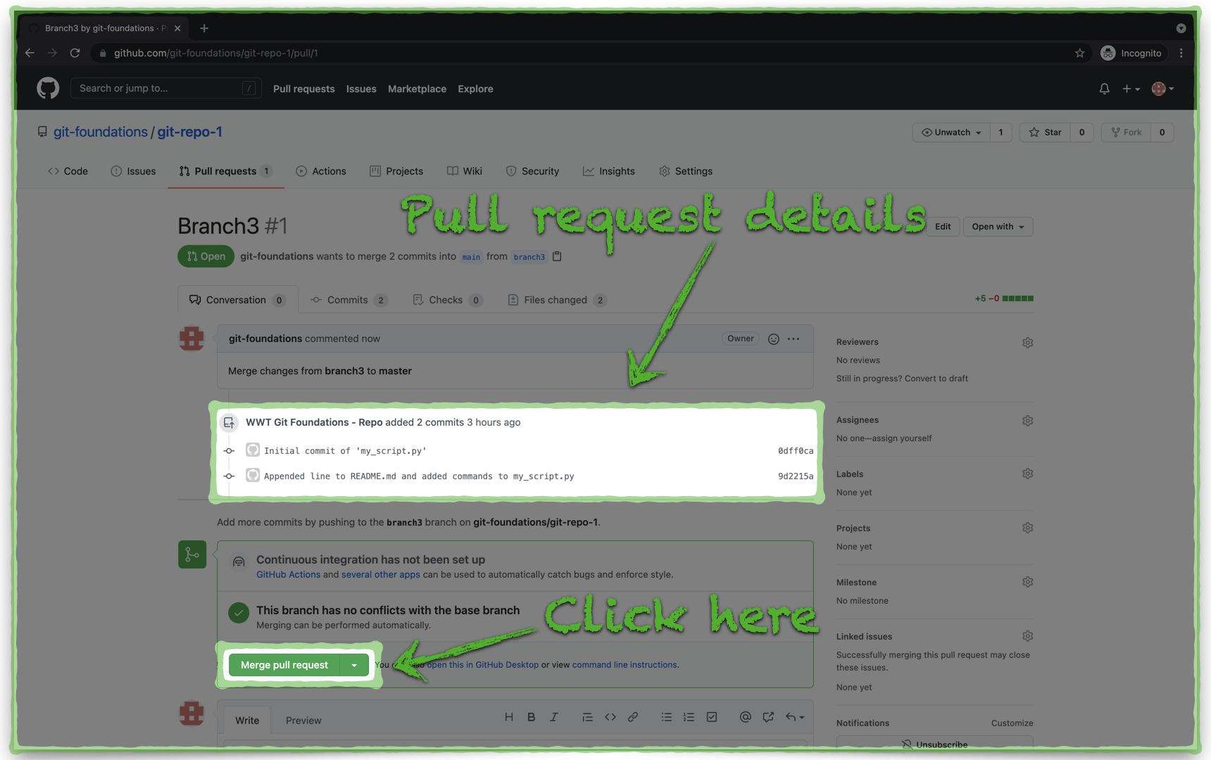 Pull Merge Changes In GitHub Git Foundations Hands On Walktrough